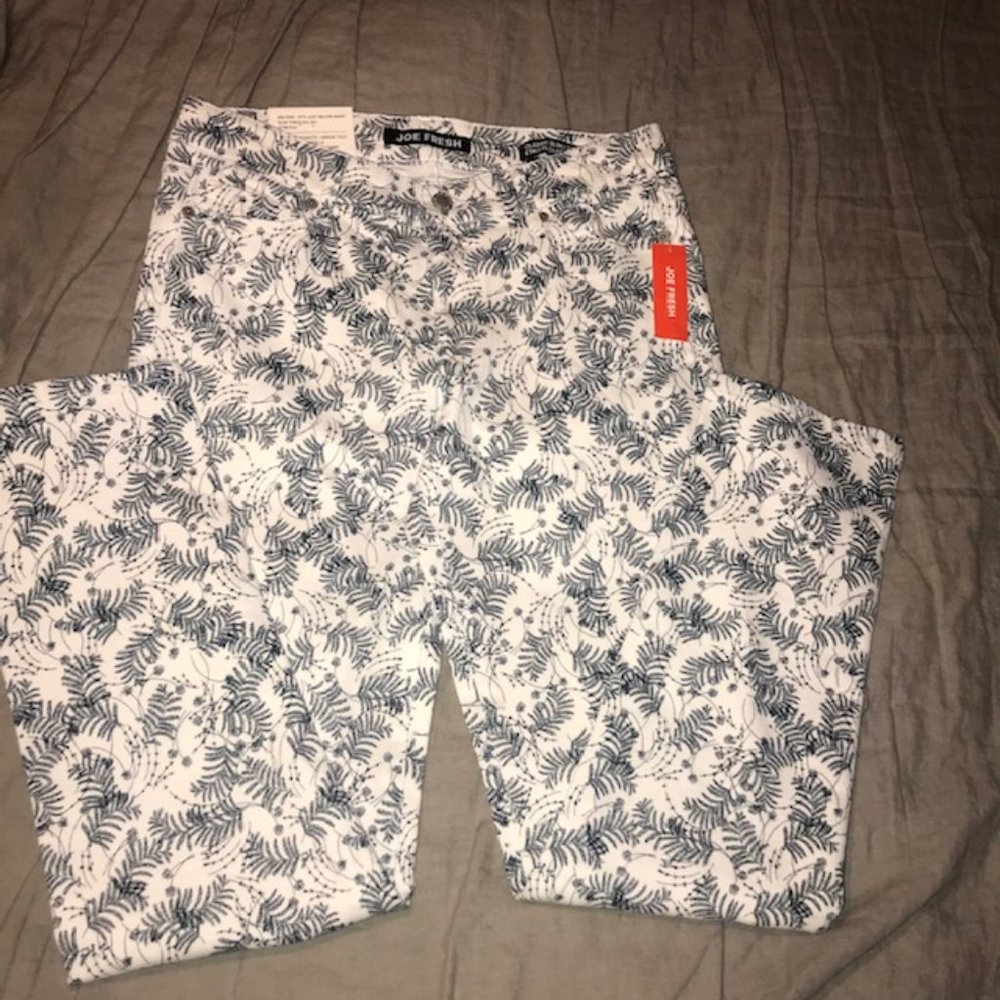 NWT White Denim Classic Slim Mid Rise Stretch 28 Jean Navy Palm Print Joe Fresh